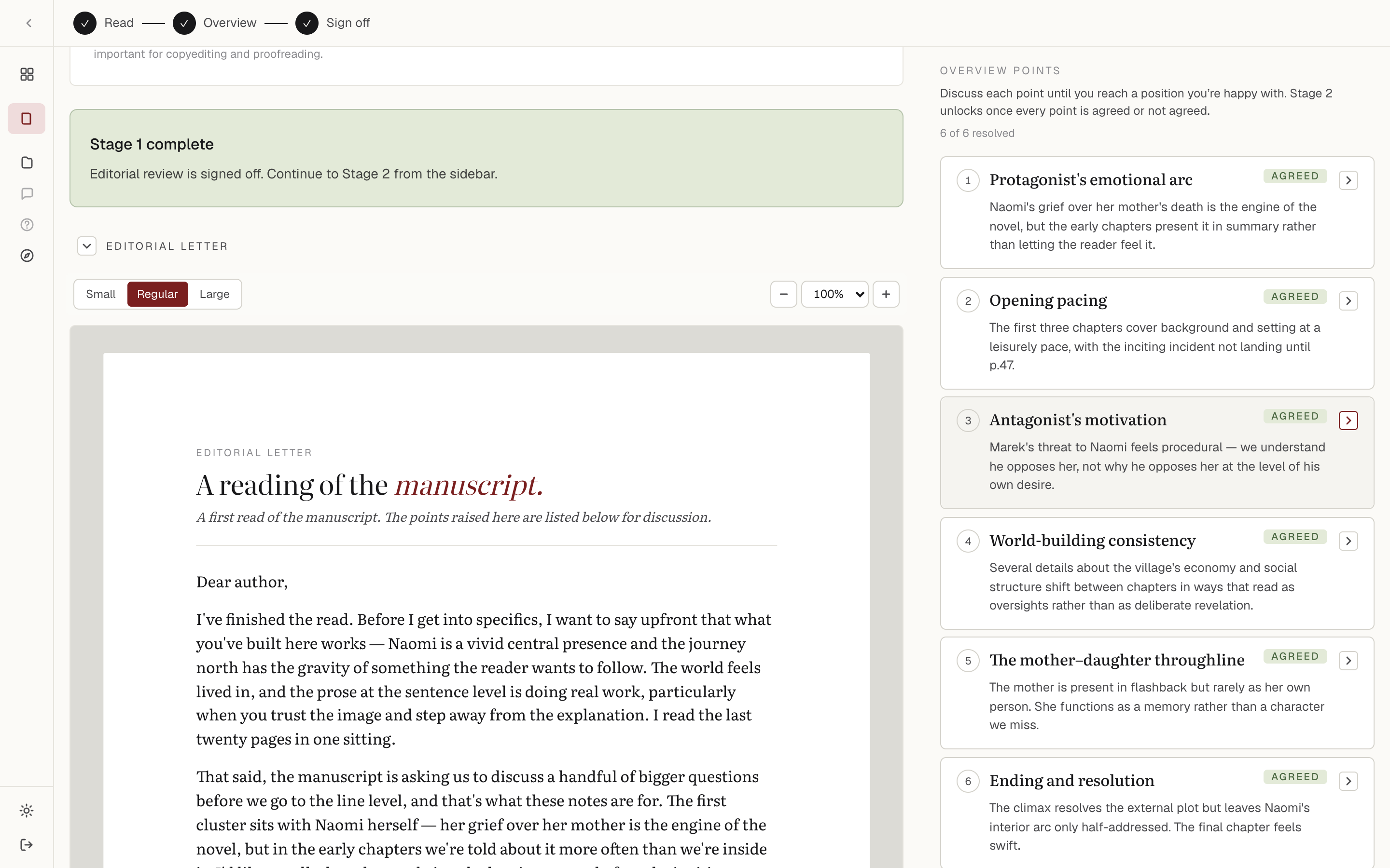The Stage 1 editorial letter open on the whole manuscript, with its overview points listed for discussion beside it.