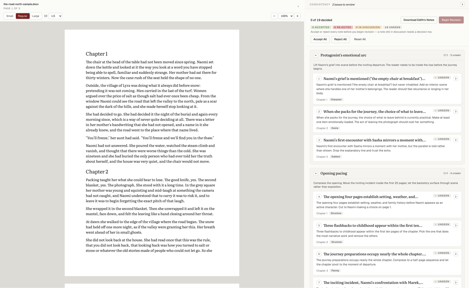 A manuscript open beside a column of editorial review cards, each note marked accepted, rejected, or in discussion.